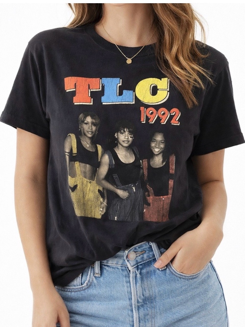 TLC 1992 Vintage Graphic Tee - Black with Red, Yellow, Blue Print
